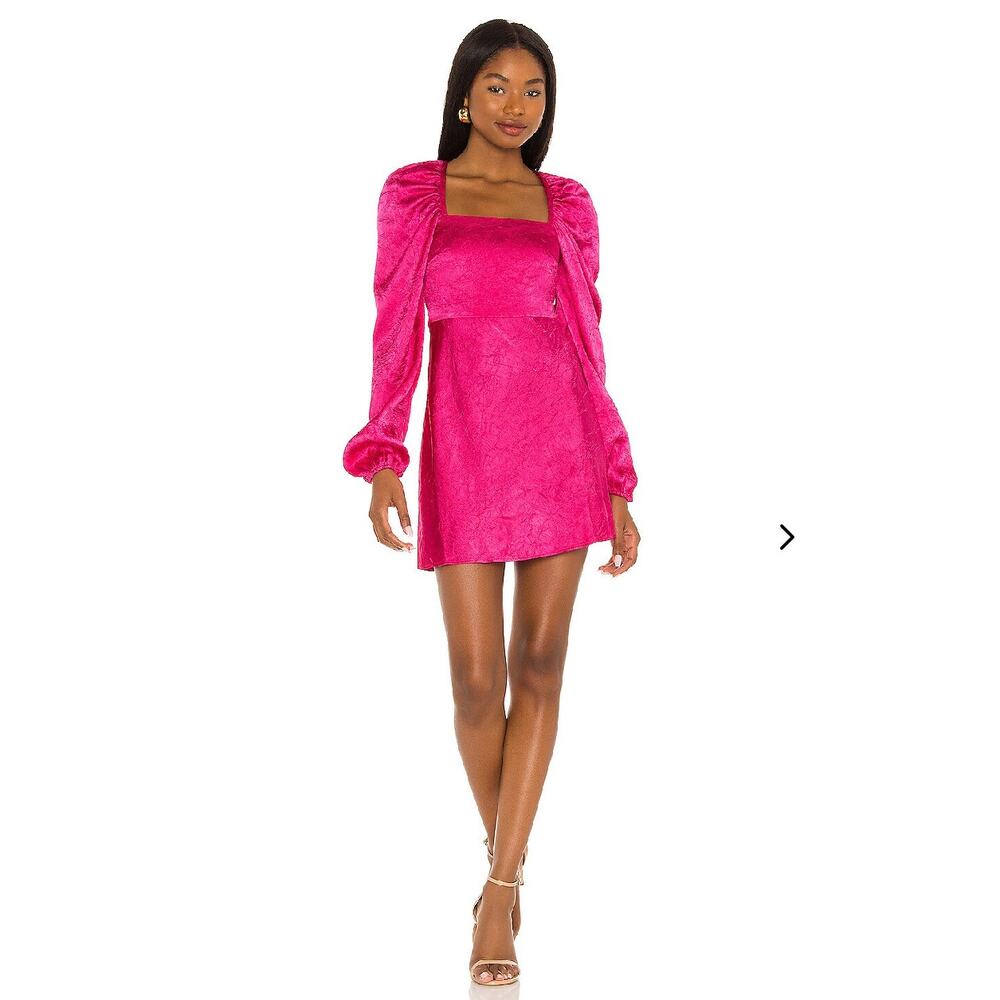 Lovers & Friends Azusa Mini Dress Square Neck Puff Sleeve Hot Berry Pink EUC S